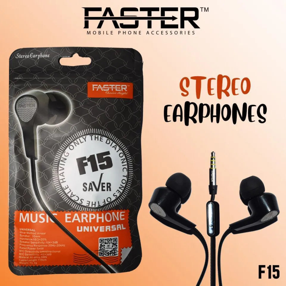 Faster F-15 Universal Music Handfree High Quality For Calling FASTER F15 UNIVERSAL MUSIC EARPHONE - HANDSFREE WITH BUILT-IN MIC FASTER F15 Universal Music Earphone - Handfree With Built-in Mic Supper Bass Supper Sound 100% Original Universal Handsfreer