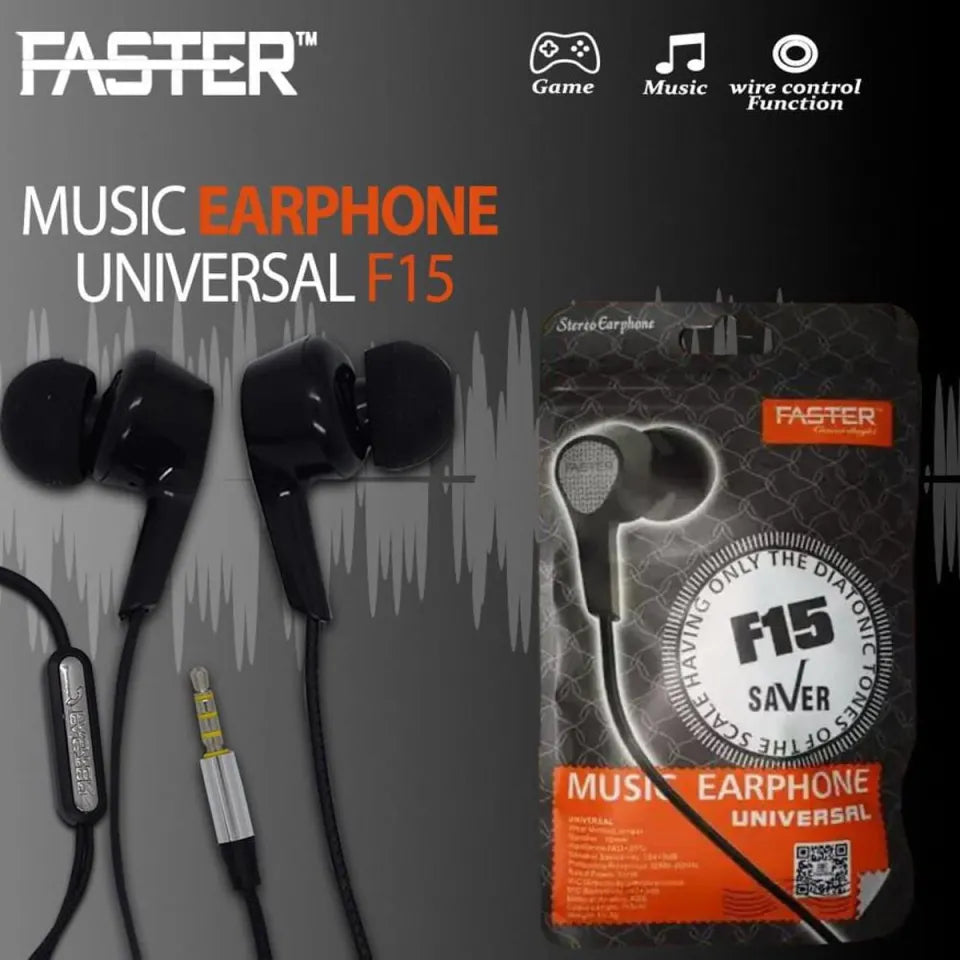 Faster F-15 Universal Music Handfree High Quality For Calling FASTER F15 UNIVERSAL MUSIC EARPHONE - HANDSFREE WITH BUILT-IN MIC FASTER F15 Universal Music Earphone - Handfree With Built-in Mic Supper Bass Supper Sound 100% Original Universal Handsfreer