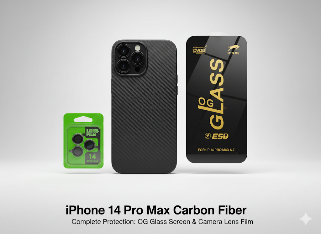 iPhone 14 Pro Max Carbon Fiber Back Cover+Screen Protector+Camera Lens Protector for iPhone 14 Pro Max