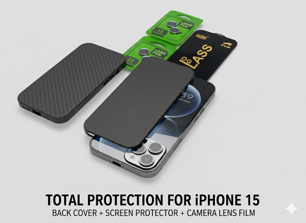 iPhone 15 Premium Black Carbon Fiber iPhone 15 Back Cover – 3-in-1 Protection Pack