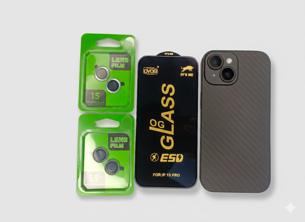 iPhone 15 Premium Black Carbon Fiber iPhone 15 Back Cover – 3-in-1 Protection Pack